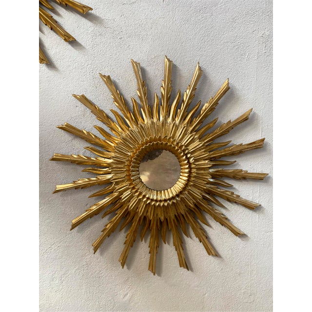 Pair of Mid 20th Century Sunburst Carved Golden Mirrors For Sale - Image 13 of 14