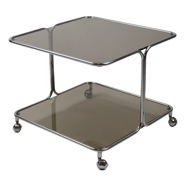 Italian Chrome and Smoked Glass Coffee Table on Casters, 1970s For Sale