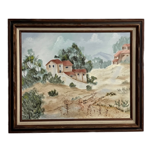 Vintage Mediterranean Hillside Landscape – Unattributed Oil Painting, Framed