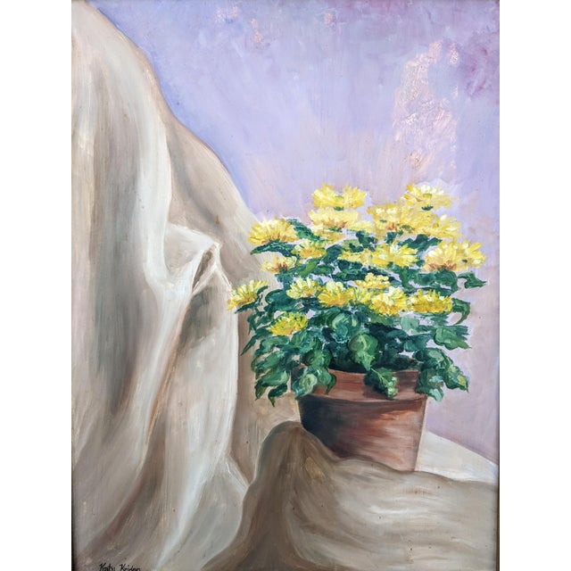 Farmhouse 1960s Original Still Life Yellow Mum Flowers Painting Signed For Sale - Image 3 of 13
