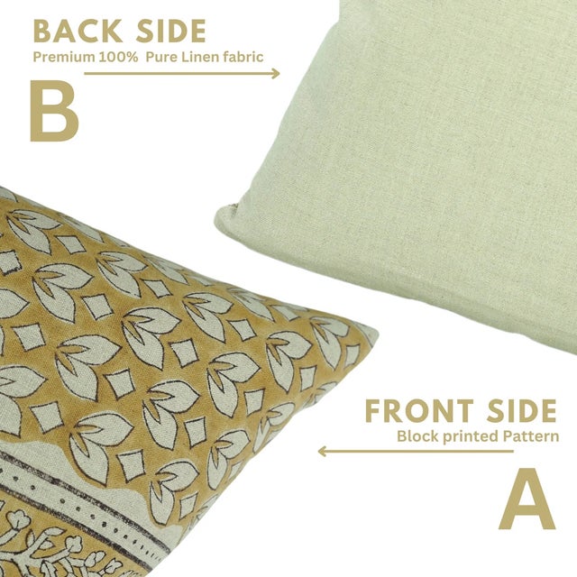 Fabdivine Handcrafted Block Print Cushion Cover 26x26 Inch Pure Linen- Titli Border For Sale - Image 4 of 5