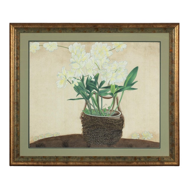 Framed Midcentury Japanese Botanical Print with Gold Leaf and Green Matte For Sale