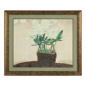 Framed Midcentury Japanese Botanical Print with Gold Leaf and Green Matte
