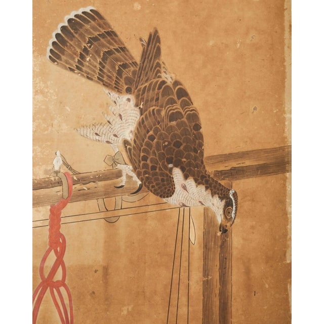 Wood Japanese Edo Two Panel Screen Birds of Prey Hawks For Sale - Image 7 of 12