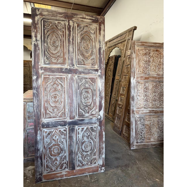 Mid-Century Modern Distressed White Floral Carved Wood Sliding Barn Doors – Vintage Style 84x36 For Sale - Image 3 of 6