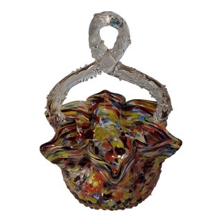 C 1890 Franz Welz Bohemian Art Glass Hand Blown Basket W/ Spun Thorn Handle For Sale