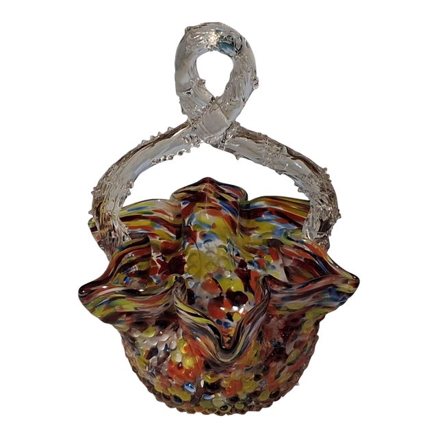 C 1890 Franz Welz Bohemian Art Glass Hand Blown Basket W/ Spun Thorn Handle For Sale