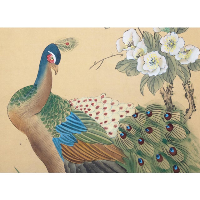 Circa 1970s Chinoiserie Style Painted Silk Screen "Peacock and Magnolia" For Sale - Image 9 of 18