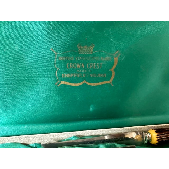 Vintage Crown Crest Sheffield England Faux Antler Handle Cutlery Cutlery For Sale - Image 4 of 8