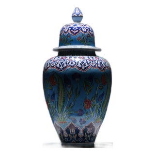 Handmade Ceramic Grand Shah Jar (60cm) Azure Blue Background Red Tulips Temple Jar For Sale