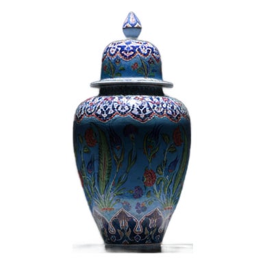 Handmade Ceramic Grand Shah Jar (60cm) Azure Blue Background Red Tulips Temple Jar For Sale
