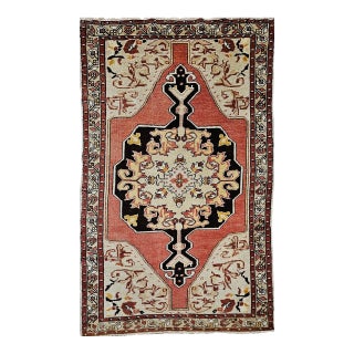 Vintage Turkish Oushak Area Rug, Handwoven Wool, 1920s Cream & Pink, 5' x 8' For Sale