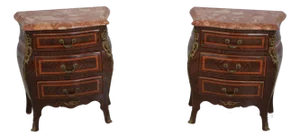 Pair French 3 Drawer Marble Top Commode Nightstands