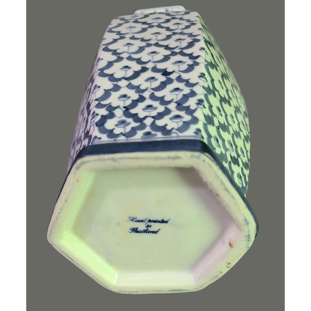 Vintage Hand Painted Asian Motif Blue & White Hexagonal Vase For Sale - Image 6 of 8