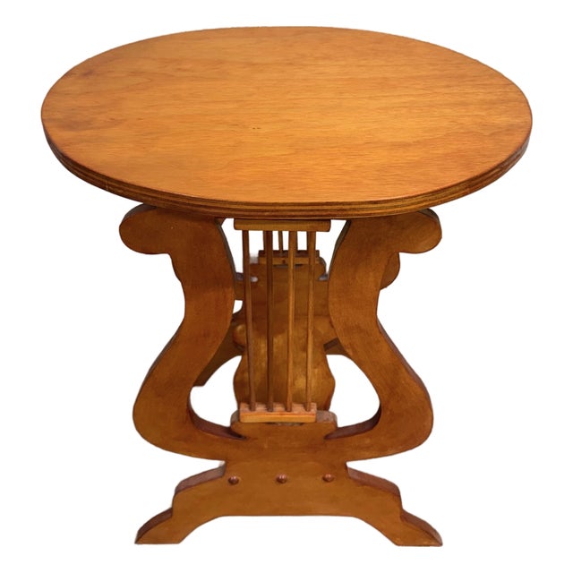 Signed Studio Crafted Arts and Crafts Style Lyre Harp Base Side Table For Sale