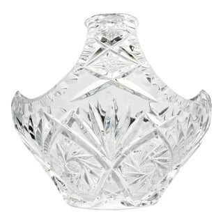 1960s Vintage Crystal Basket Bowl W/Handle 6” Pinwheel & Fan Cuts For Sale