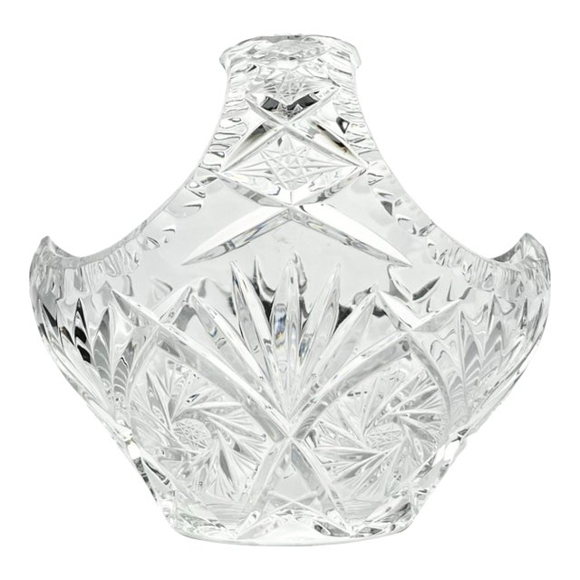 1960s Vintage Crystal Basket Bowl W/Handle 6” Pinwheel & Fan Cuts For Sale