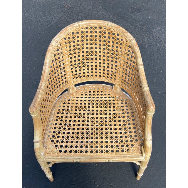 Hollywood Regency Barrel Back Faux Bamboo and Cane Chairs Circa 1960s