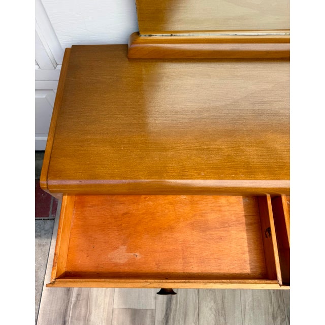 1940s John Stuart Blonde Wood 3-Piece Vanity, Mirror & Bentwood Stool For Sale - Image 10 of 18