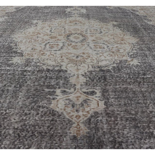 Contemporary Mid 20th Century Distressed Turkish Carpet With Medallion Design in Dark Gray, Lt. Brown & Cream For Sale - Image 3 of 12