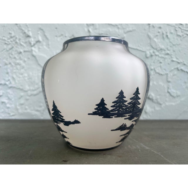 1920s American Frosted Glass Vase With Silver Overlay Forest & Goose Scene For Sale - Image 4 of 6