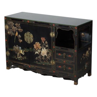 Chinese Ebonized & Gilt Credenza With Inlaid Figural & Floral Soap Stone 20thC For Sale