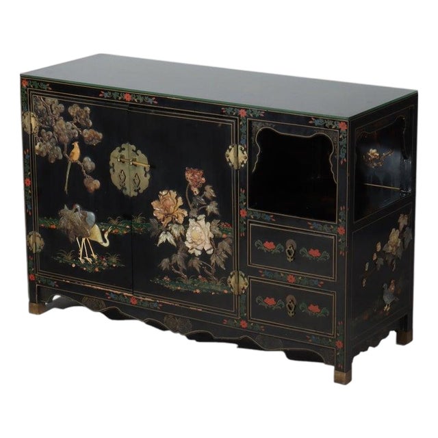 Chinese Ebonized & Gilt Credenza With Inlaid Figural & Floral Soap Stone 20thC For Sale