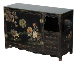 Chinese Ebonized & Gilt Credenza With Inlaid Figural & Floral Soap Stone 20thC