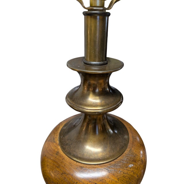 Neoclassical Vintage Brass & Wood Table Lamp, Urn Body, Shell Motif Base, No Shade For Sale - Image 3 of 11