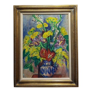 Pauline Polk -Still Life of Red & Yellow Flowers in a Blue Vase- Painting For Sale
