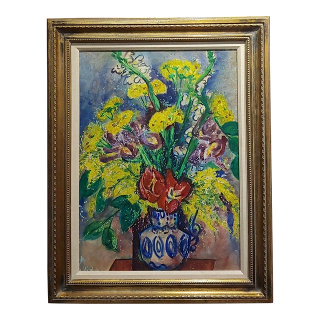 Pauline Polk -Still Life of Red & Yellow Flowers in a Blue Vase- Painting For Sale