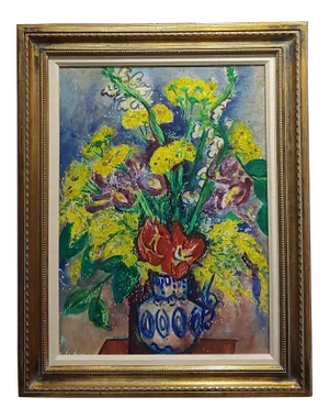 Pauline Polk -Still Life of Red & Yellow Flowers in a Blue Vase- Painting