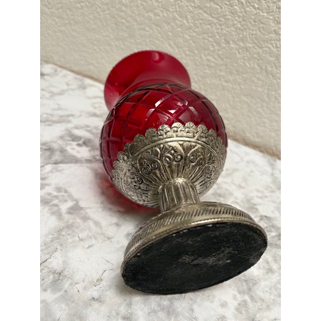 Ruby Red Vintage Red Cut Glass Candle Vessel Lantern or Vase For Sale - Image 8 of 9