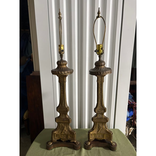 Mid-Century Modern Pair of Brass Prickets Adapted as Lamps on Wood Bases, Late 19th Century For Sale - Image 3 of 6