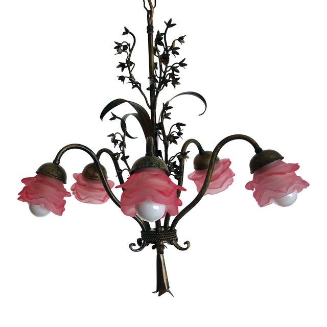 Vintage Green-Gold Patinated Metal Pink Shade Chandelier, 1970s For Sale