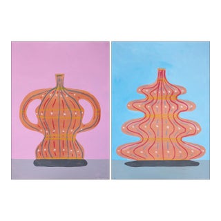 2025, Pink and Blue Trophies, Modern Still Life Vessels, Acrylic Paint and Gouache Crayon on Watercolor Paper - Set of 2 For Sale