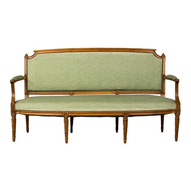 18th Century French Louis XVI Walnut Settee With Celadon Velvet For Sale