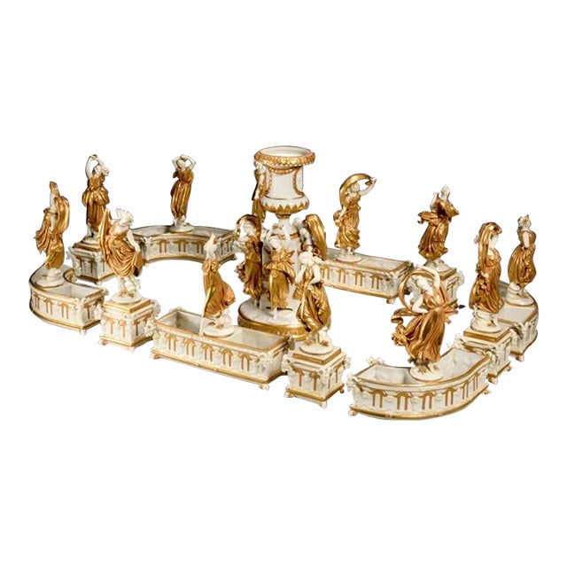 Mid 19th Century Capidemonte Italian Porcelain Surtout De Table Centerpiece in White and Gold Dancin For Sale