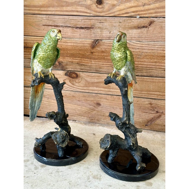Late 20th Century Coastal Tropical Bronze Hand Painted Parrot Statues on Marble Bases-Pair For Sale - Image 10 of 12
