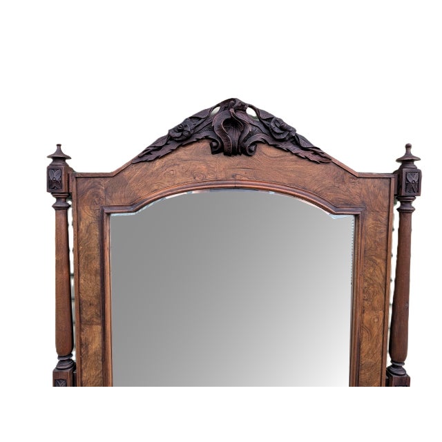 LARGE Gorgeous Rococo revival beveled glass wall mirror. The oak wood frame is highly ornate, with carved detailing,...