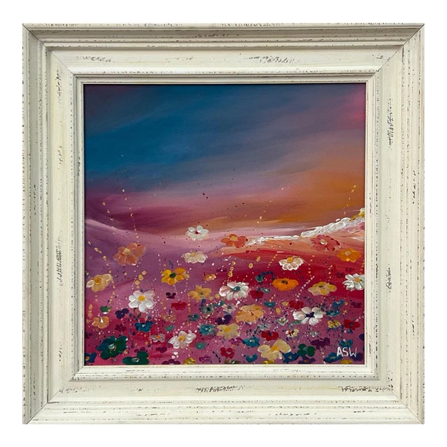 Multi Coloured Wild Flowers on Turquoise Pink Background by Contemporary Artist, 2023 For Sale