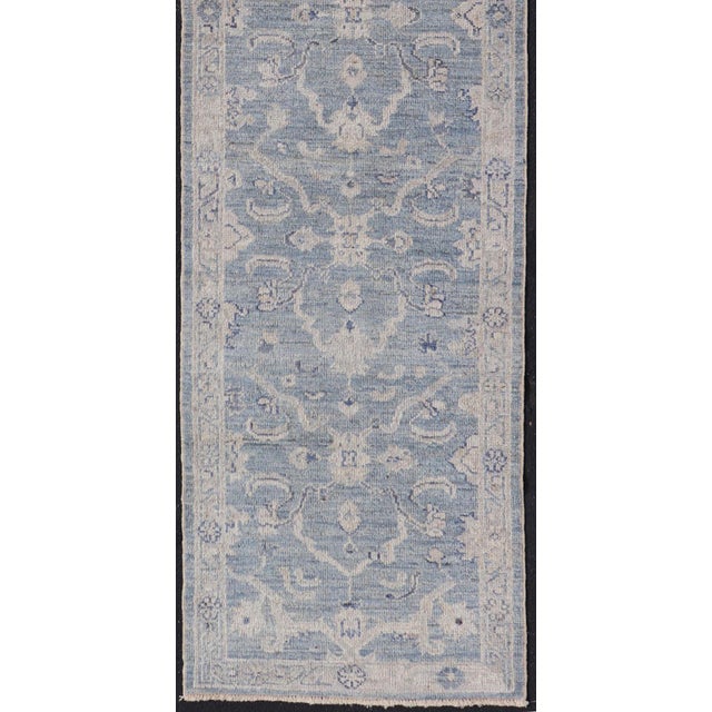 Textile Angora Turkish Oushak Runner With Floral Design and Medium Blue and Grey Border 2'7 X 11'8 For Sale - Image 7 of 11