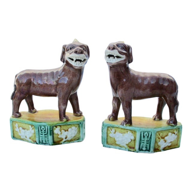 Chinese Tri- Color Porcelain Kylin Buddhists Animals - a Pair For Sale