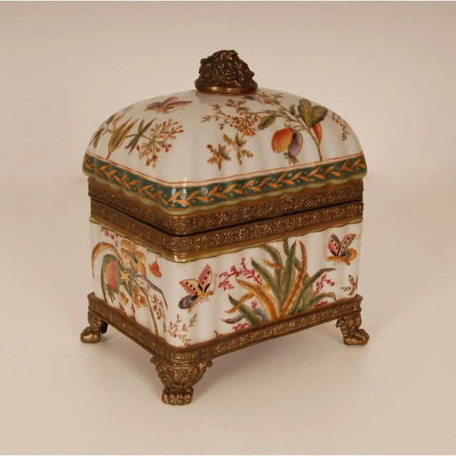 Metal Vintage Porcelain Box Bronze Mounted Hand Painted Butterflies and Floral Decor For Sale - Image 7 of 10