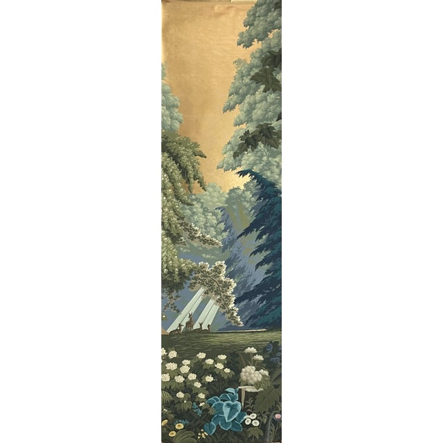 Art Deco l'Eden Panoramic Murals Hand Painted Wallpaper on Gold Metallic Panel - 1 Panel For Sale - Image 3 of 12
