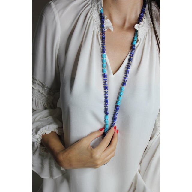 Blue Lapis Lazuli Turquoise Tumble Beads 14k Yellow Gold Bead Long Necklace For Sale - Image 10 of 10