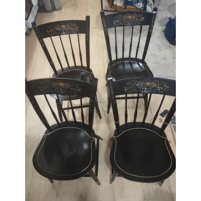 Vintage Nichols & Stone Ebonized Windsor Chairs (4pcs), Hand-Stenciled, Solid Wood For Sale - Image 14 of 15