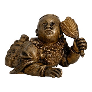 19th Century Japanese Meiji Bronze Reclining Karako Boy Okimono With Articulated Fan For Sale