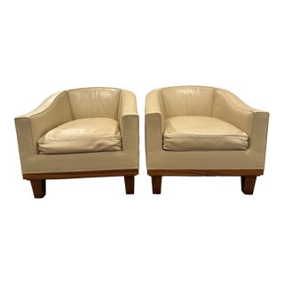 1990s Beige Leather Club Chairs - Set of 2 For Sale