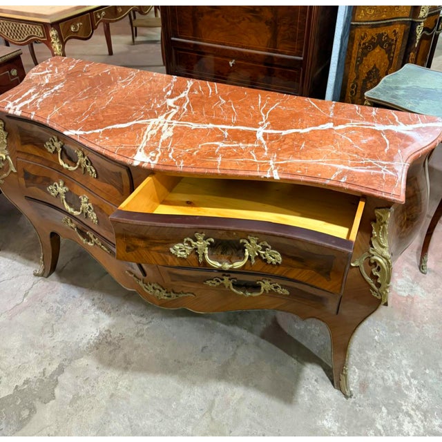 French Grand French Louis XV Style Six-Drawer Commode – Rich Wood, Marble Top & Gilded Bronze Details For Sale - Image 3 of 3
